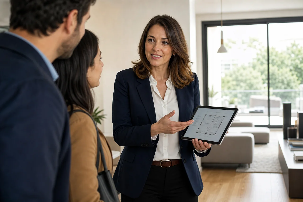 Agente immobiliare che presenta con chiarezza un immobile ai clienti